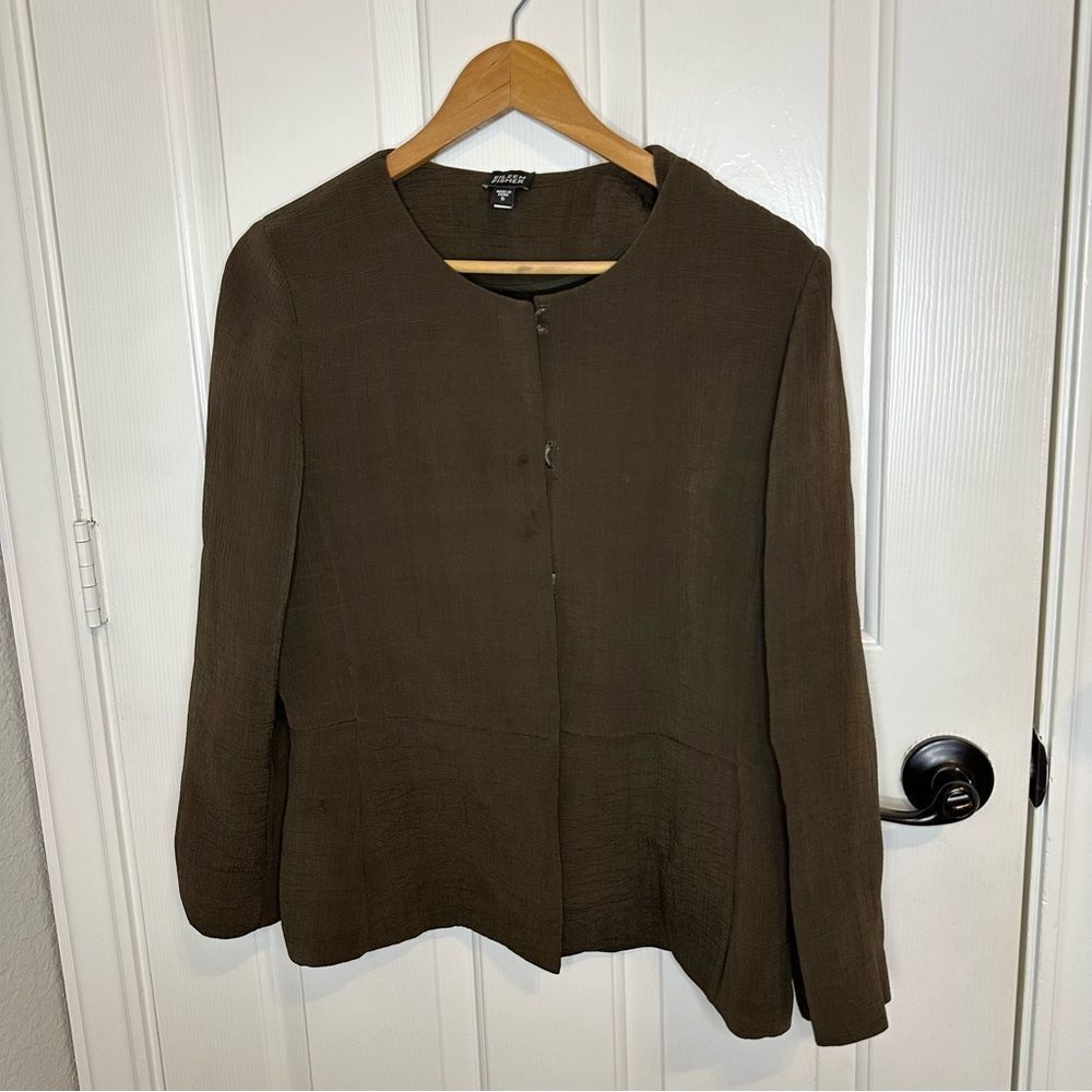 Eileen Fisher Brown Rayon Silk Blend Collarless BlazerJacket Sz S Quiet Luxury